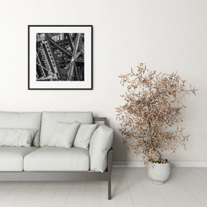 Aging steel railway bridge structure photographed in downtown Chicago