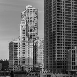 Chicago River architecture with Wrigley Building monochrome