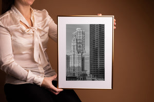 Wrigley Building and riverfront skyline monochrome