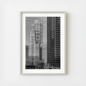 Wrigley Building clock tower in black and white Chicago