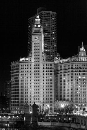 Chicago River and Wrigley Building illuminated at night
