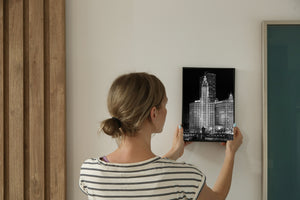 Wrigley Building riverfront skyline in black and white