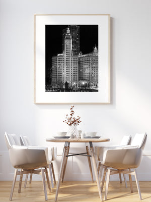 Historic Wrigley Building facade in nighttime cityscape