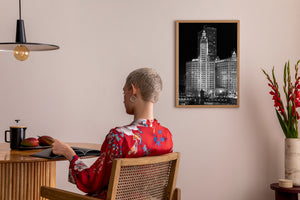 Black and white photo of Wrigley Building clock tower