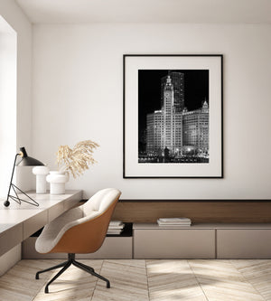 Wrigley Building riverfront skyline in black and white