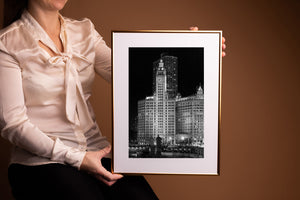 Downtown Chicago landmark Wrigley Building after dark