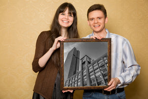 Black and white Chicago city architecture with clock tower landmark