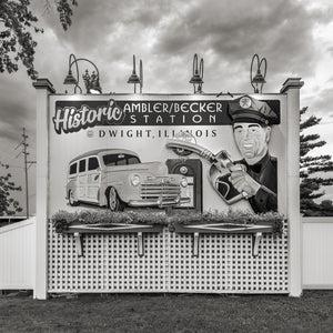 Route 66 Ambler Becker gas station mural with vintage car illustration Dwight Illinois