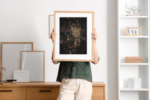 Modern skyscraper glowing with interior lights in New York City