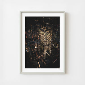 Night aerial view of a New York City skyscraper under construction