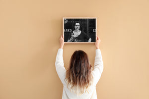 Lower Manhattan black and white portrait against storefront window