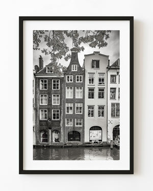 Historic Utrecht canal houses beneath overhanging leaves in black and white
