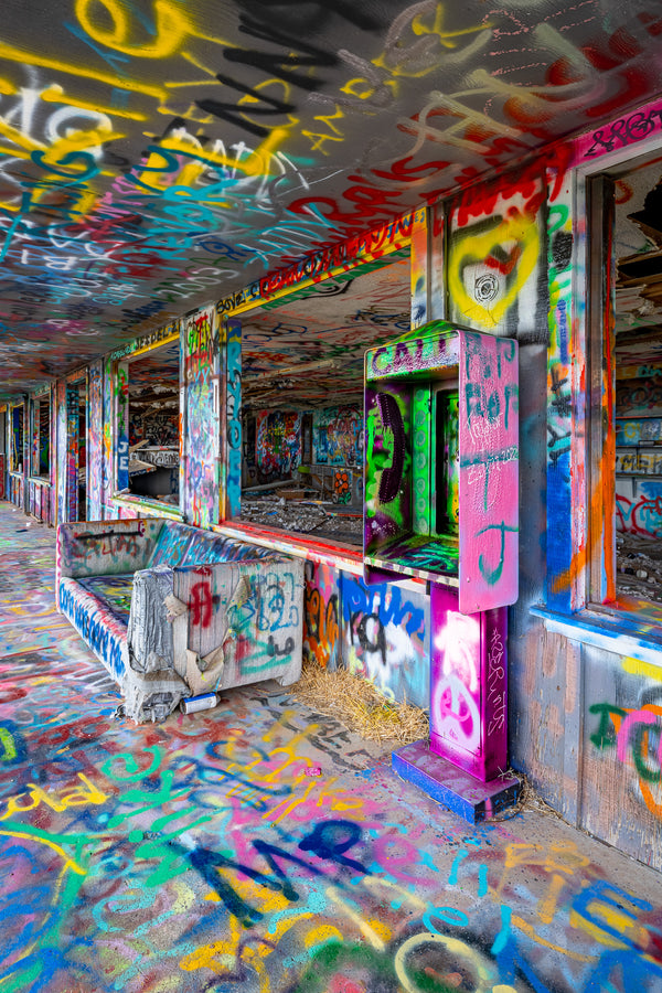 Colorful abandoned building graffiti art