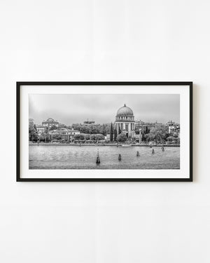 Venice Lido waterfront and the dome of Tempio Votivo in black and white