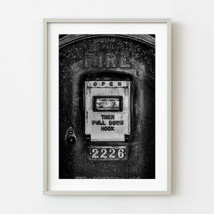 Vintage fire alarm call box black and white