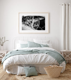 Detailed shot of steering wheel in retro Ford Mustang