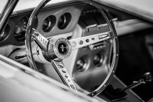 Vintage Mustang interior with chrome dash details