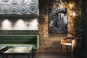 Historic stone courtyard staircase artwork