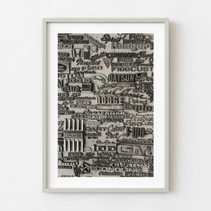 Vintage automobile emblems arranged in monochrome collage