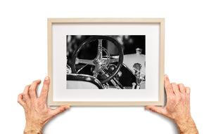 Retro Cadillac interior captured in black and white