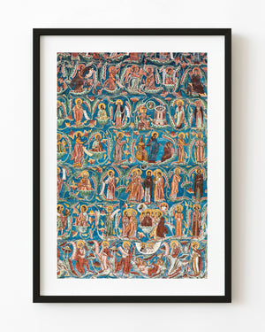 Blue religious fresco with rows of painted figures at Voroneț Monastery.