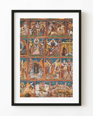 Religious fresco panels at Voroneț Monastery in Romania.