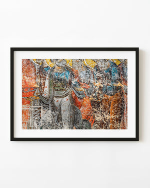 Weathered religious mural with etched inscriptions at Voronet Monastery.