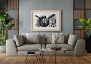 WWII military aircraft close up black and white