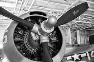 Black and white photo of historic aircraft engine