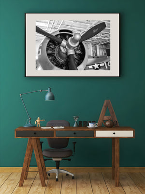 Three propeller blades crossing the exposed radial engine of a WWII fighter