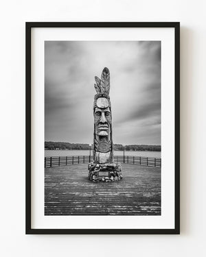 Carved wooden sculpture on the Sunday Lake waterfront in Wakefield.