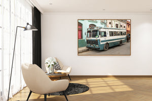 Colour street photograph of a weathered Santa Marta bus and passengers