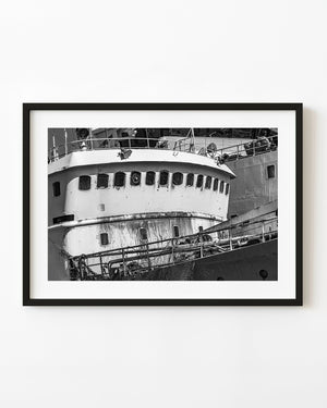 Weathered ship bridge in Ushuaia photographed in black and white