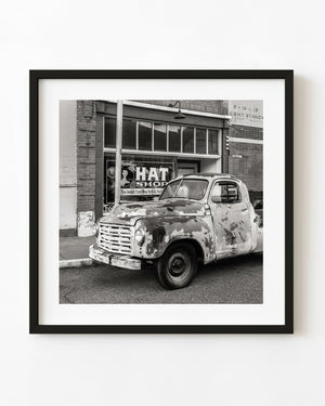 Weathered Studebaker pickup truck in Bisbee photographed in black and white