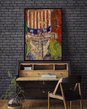 Urban wall texture with peeling paint and an Uncle Sam hat motif