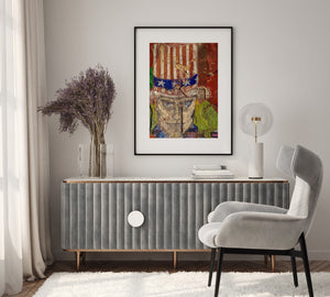 Distressed street mural with stars, stripes and layers of weathered paint