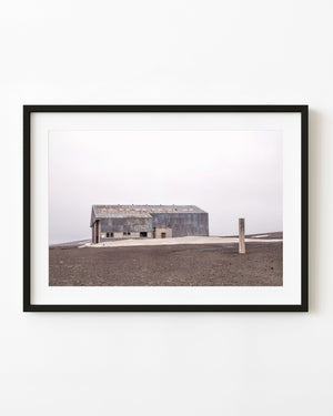 Abandoned corrugated metal hangar at Whalers Bay in Antarctica