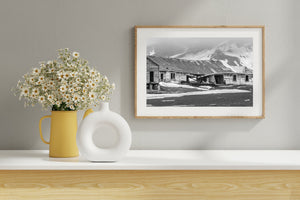 Black and white photograph of derelict Whalers Bay architecture