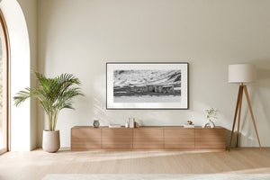 Snow covered mountains behind abandoned Whalers Bay buildings