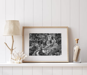 Snowy Canadian village road in black and white