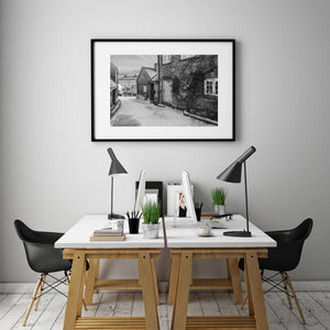 Black and white winter photo of Oslo street