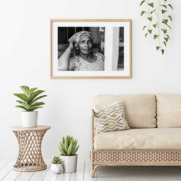 Emotional black and white portrait woman in India