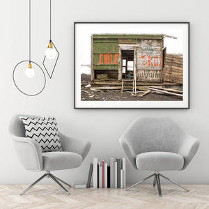Wooden building with the word Chile at Whalers Bay Station Antarctica | Photo Art Print fine art photographic print