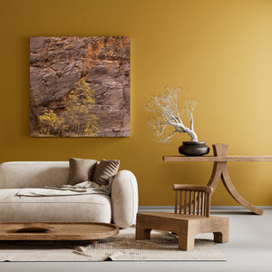 Zion fall landscape with small yellow trees and diagonal rock layers