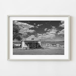 Black and white abandoned general store with Pepsi sign in Currie Nevada