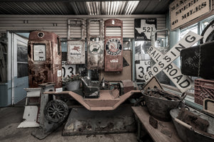 Weathered Mobilgas Sinclair and Conoco gasoline pumps