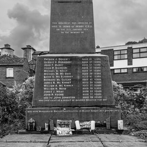 Black and white view of the Bloody Sunday Obelisk Memorial