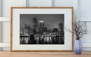 Boston Waterfront at Night Black and White Photography