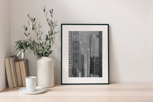 Downtown Chicago architecture in black and white with layered skyscrapers