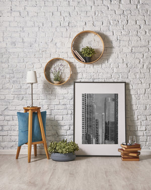 Monochrome architectural photograph of a corridor between Chicago skyscrapers